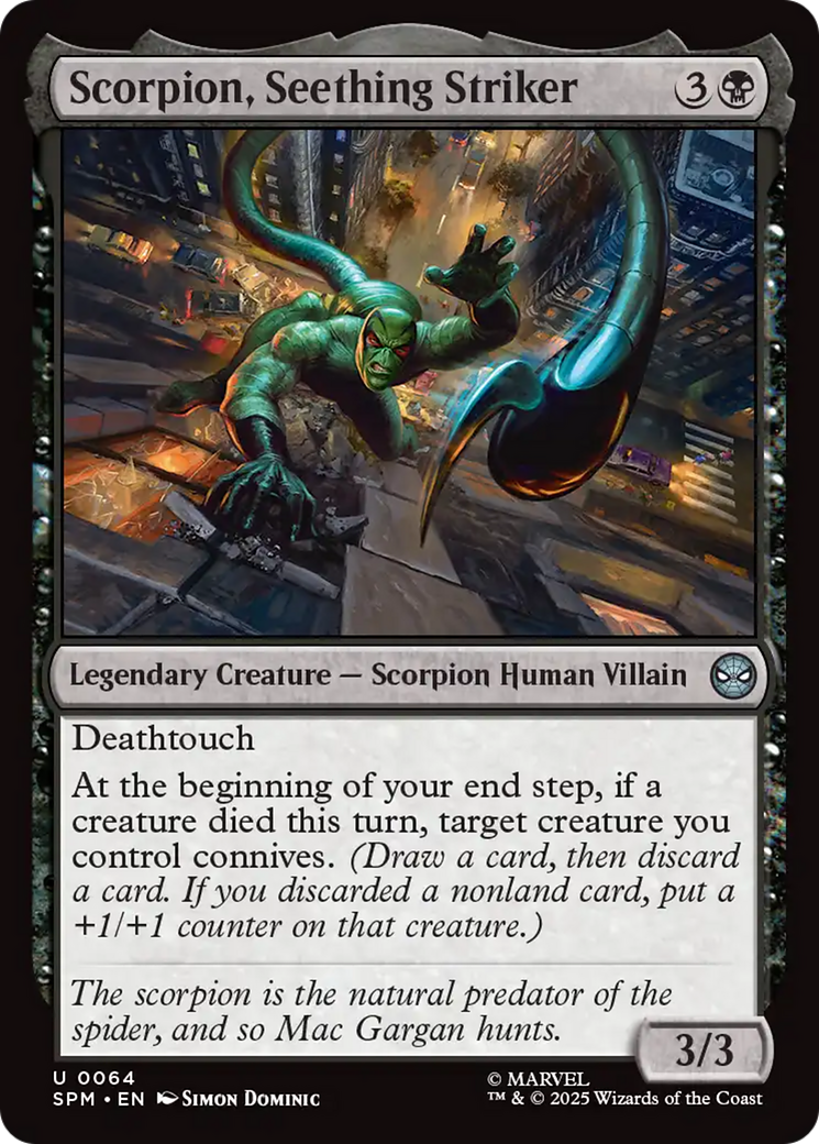 Scorpion, Seething Striker - Uncommon Legendary Creature — Scorpion Human Villain card from Marvel's Spider-Man