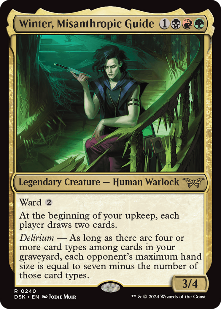 Winter, Misanthropic Guide - Rare Legendary Creature — Human Warlock card from Duskmourn: House of Horror