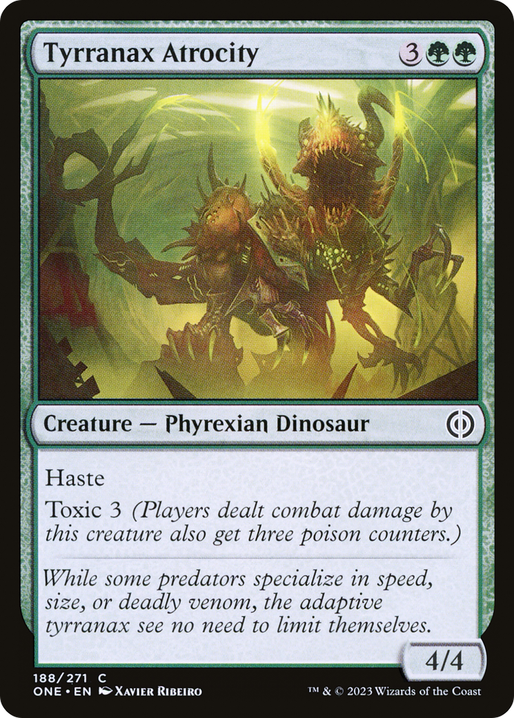 Tyrranax Atrocity - Common Creature — Phyrexian Dinosaur card from Phyrexia: All Will Be One