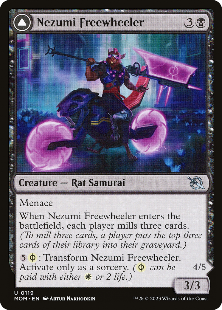 Nezumi Freewheeler // Hideous Fleshwheeler - Uncommon Creature — Rat Samurai card from March of the Machine